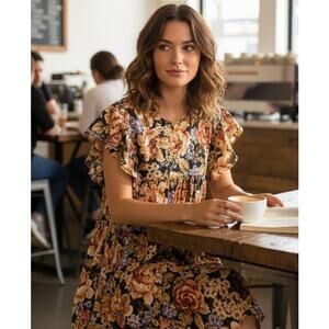 NWOT Olivaceous Floral Roses Moody Colors Tiered Ruffle Babydoll Dress